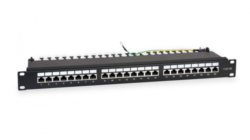 WRline WR-PL-24-C5E-SH-D Патч-панель 19(1U), 24 порта RJ-45 полностью экранированная, категория 5e, Dual IDC, цвет черный