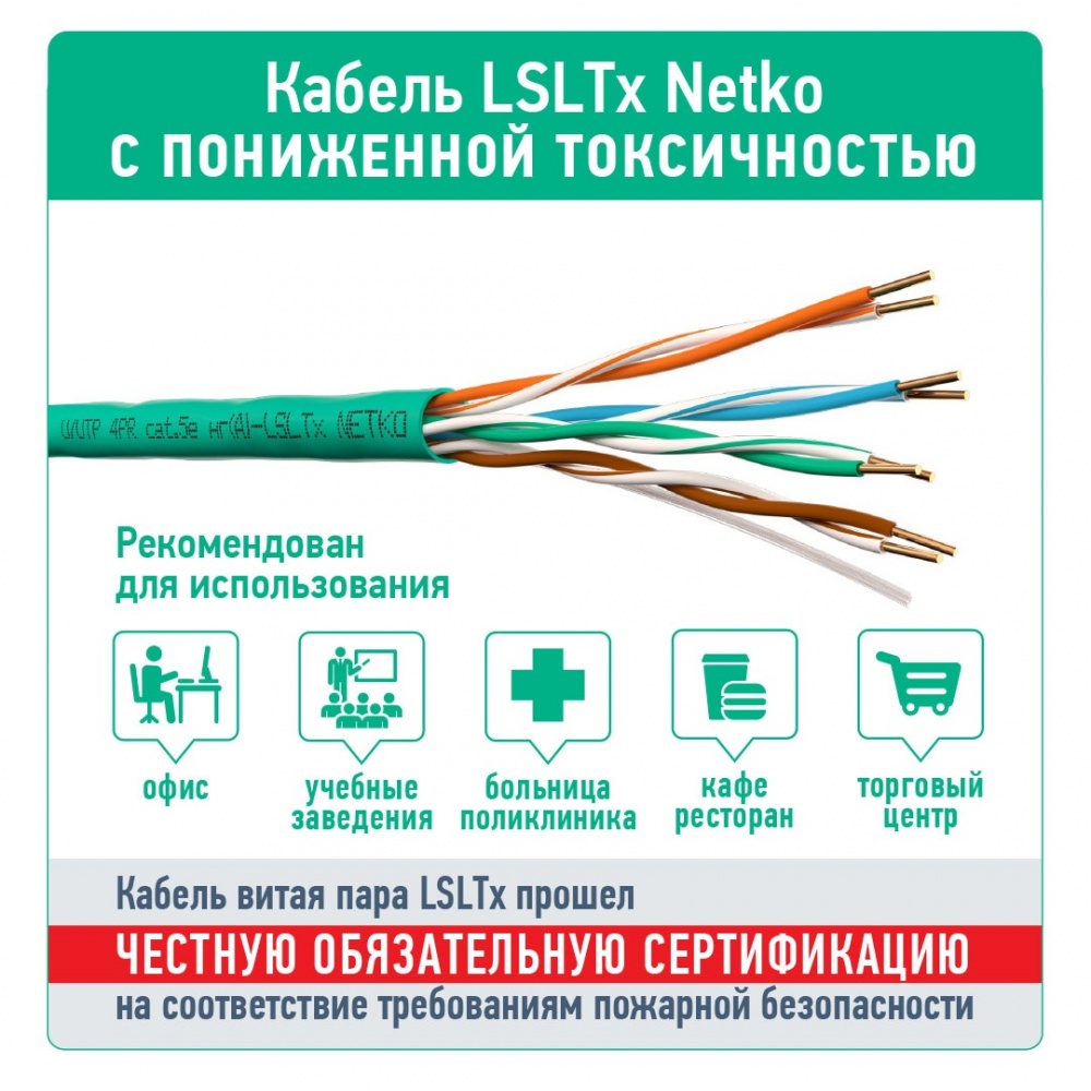 Кабель UUTP4 cat.6, 4 пары 23 AWG BC, 305м, с крестовиной, нг(А)-LSLTx, зеленый; одножильный, FLUKE_1