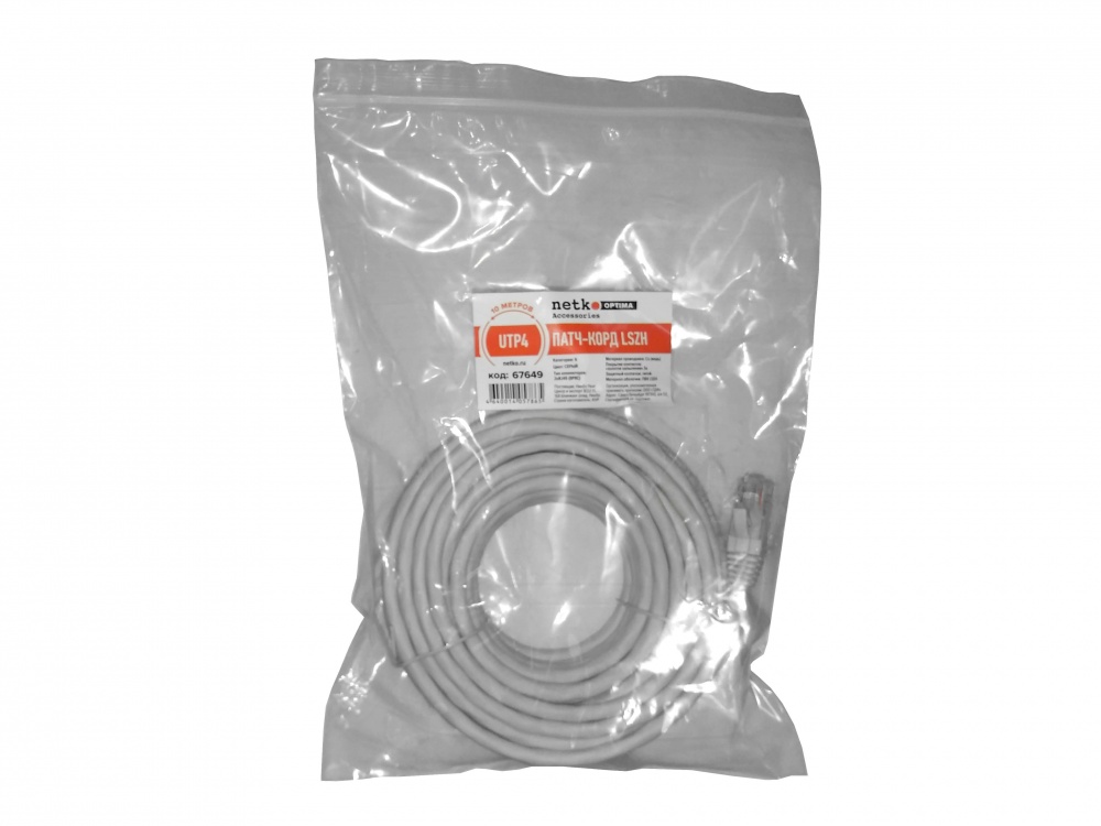 Патч-корд UTP4 rj45-rj45, cat.6, 10.0м, BC, LSZH, серый, литой коннектор NETKO Optima_1