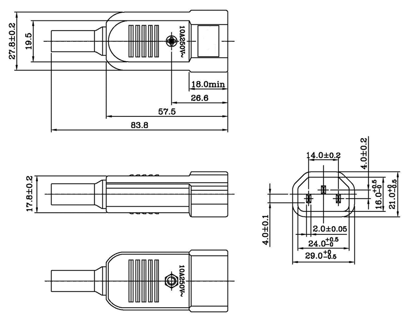 Hyperline CON-IEC320C14 Разъем IEC 60320 C14 220В 10A на кабель (плоские выступающие штыревые контакты в пластиковом обрамлении), прямой_2