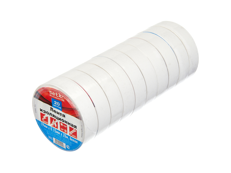 Изолента (лента изоляционная) 19мм х 20м, белая, 10шт, NETKO Optima1
