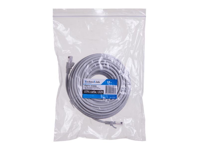 Патч-корд Technolink UTP4 cat 5e, 15,0м, ВС, LSZH, серый, литой коннектор_1