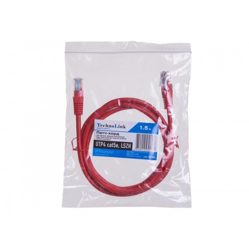 Патч-корд Technolink UTP4 cat 5e, 1,5м, ВС, LSZH, красный, литой коннектор_1