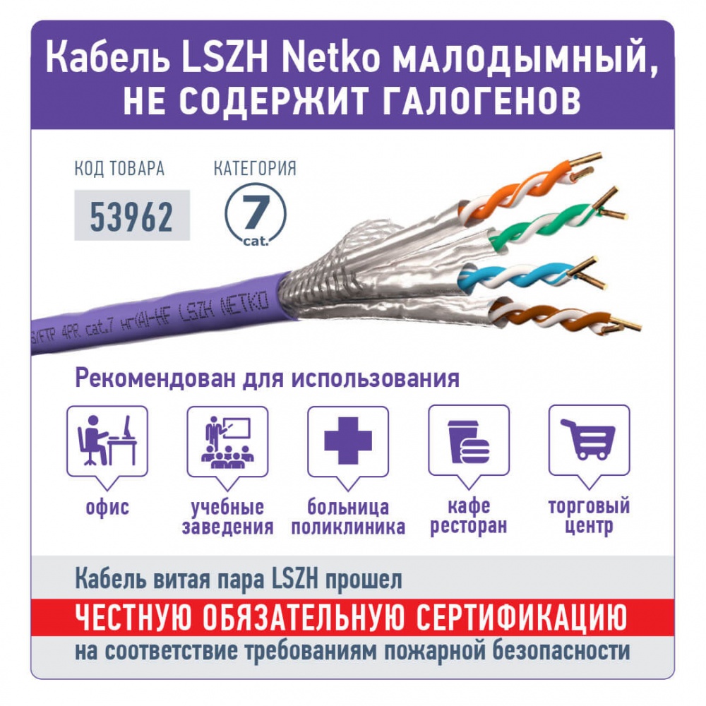 Кабель SFTP4 cat.7, 4 пары, 23 AWG BC, экран., 305м, нг(А)-HF LSZH, фиолетовый; NETKO Expert СКС-2