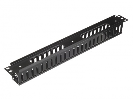 Кабельный органайзер 19", 1U, металлический, с пласт. крышкой, пласт. кольца, черный "SB"-0