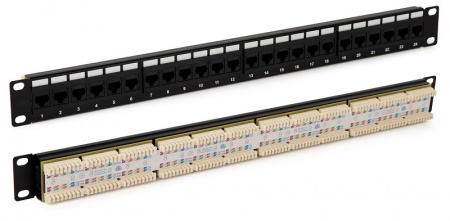 Патч-панель 19", 1U, 24 порта RJ-45, категория 5e, Dual IDC, ROHS, цвет черный-0