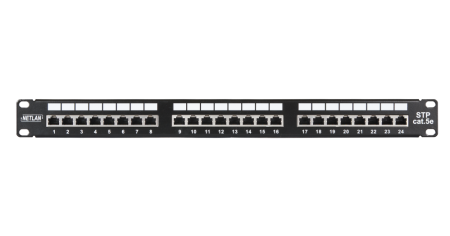 Коммутационная панель NETLAN 19", 1U, 24 порта, Кат.5e, экранированная, черная-0