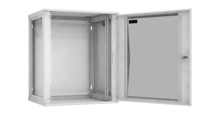 Настенный разборный шкаф Lite 19",15U,стекл.дверь,600х703х450мм,1 пара монтажных направл,RAL 7035-1