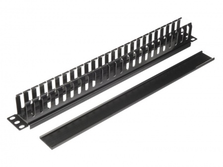 Кабельный органайзер 19", 1U, металлический, с пласт. крышкой, пласт. кольца, черный "SB"-3