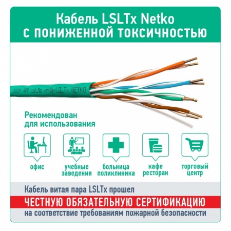 Кабель U/UTP4 cat.6, 4 пары 23 AWG BC, 305м, с крестовиной, нг(А)-LSLTx, зеленый; одножильный, FLUKE-2