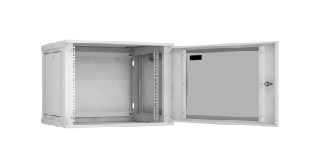 Настенный разборный шкаф Lite 19",9U,стекл.дверь,600х436х450мм,1 пара монтажных направл,RAL 7035-1
