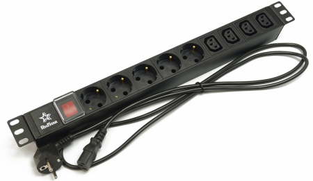 Блок розеток 19", 1U, 5 розеток Schuko, 5 розеток IEC 320 С13, индик., 10А, разъем IEC 60320 C14-0