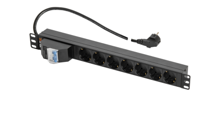 Блок розеток TLK, 19", 1U, 7 роз. Sch., автомат 2Р 16А, защита от детей,4000 Вт,пит.2м (3x1,5мм2)Sch-0